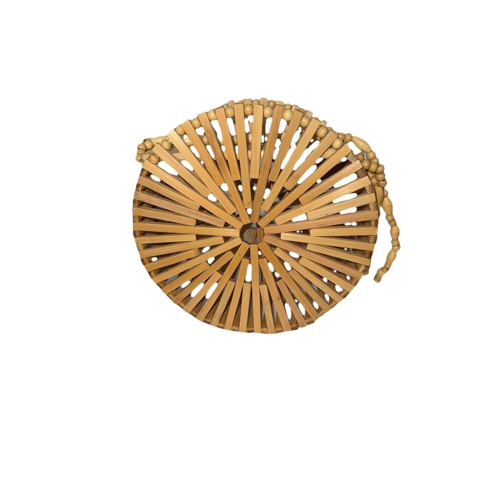 Handmade Bamboo Open Slats Round Cylinder Purse 8in Diameter With Shoulder Strap - Picture 2 of 8